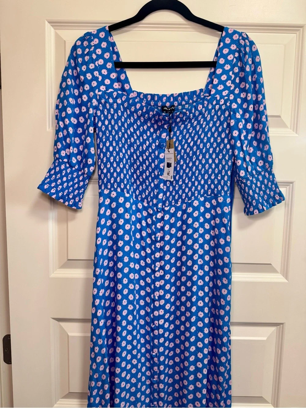 Whistles Blue Floral Square-Neck Midi Dress